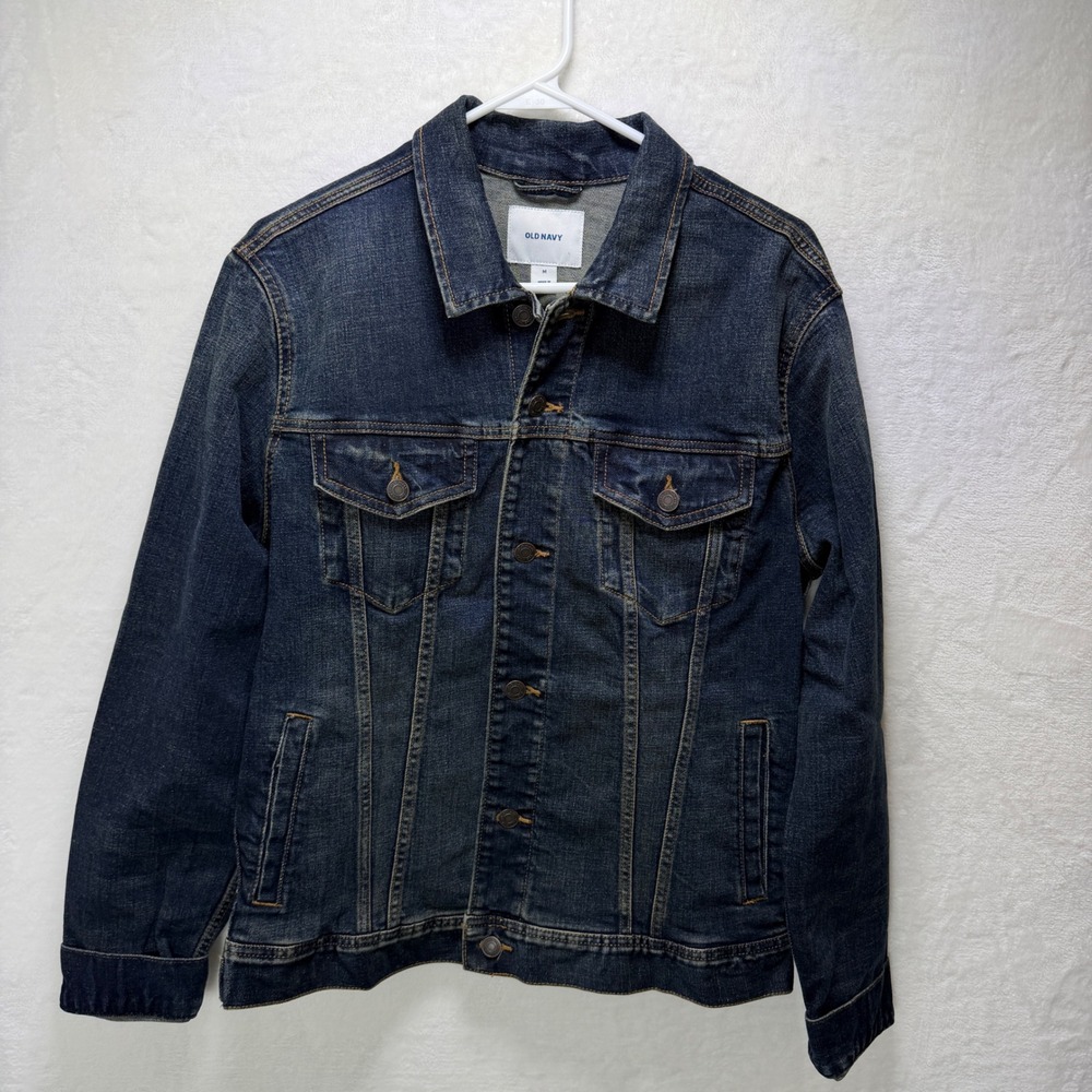 Womens Dark Wash Denim Trucker Jacket Blue Long Sleeve Button Front Size M